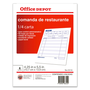 Block de Comada de Restaurante Office Depot / 13.9 x 10.7 cm / 6 piezas  Block de Comada de Restaurante Office Depot / 13.9 x 10.7 cm / 6 piezas
