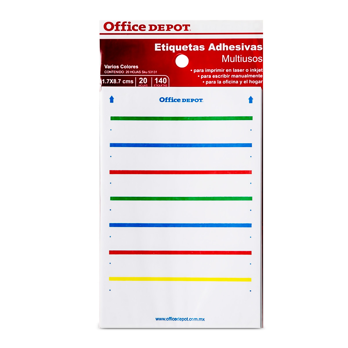 Etiquetas Adhesivas Rectangulares Office Depot / 1.7 x 8.7 cm / Colores surtidos / 140 etiquetas
