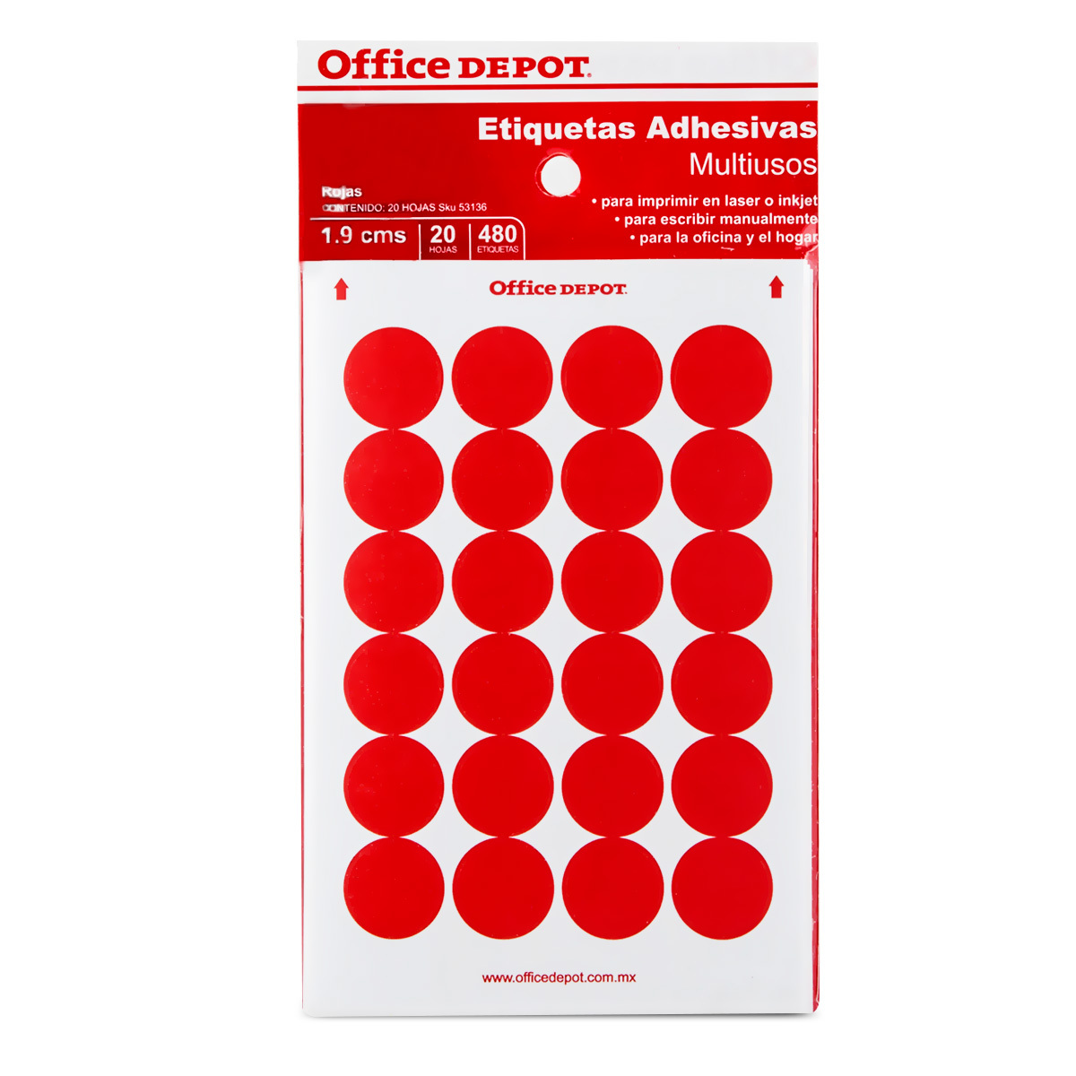 Etiquetas Adhesivas Circulares Office Depot 1.9 cm Rojo 480 etiquetas