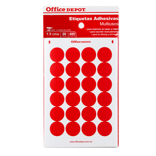 Etiquetas Adhesivas Circulares Office Depot / 1.9 cm / Rojo / 480 etiquetas