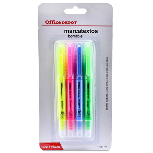 Marcatextos Office Depot / Punta Cincel / Colores surtidos / 4 piezas