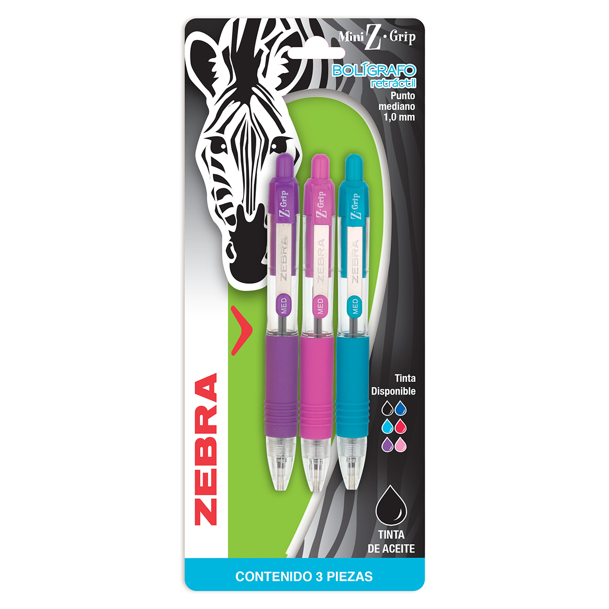 Plumas Retráctiles Zebra Mini Z Grip Fashion / Punto mediano / Tinta negra / 3 piezas