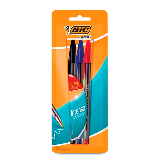 Plumas Bic Cristal Intenso / Punto extra grueso / Tinta negra roja azul / 3 piezas