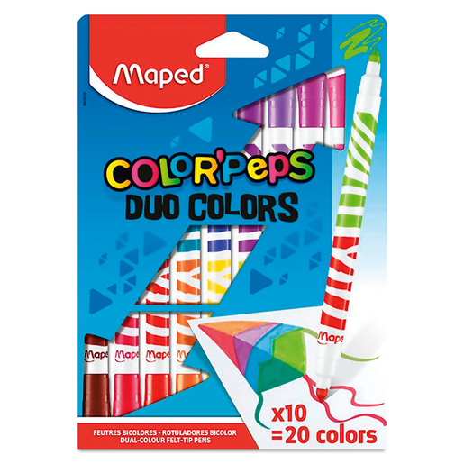 Plumones de colores duo Maped con 10 pie Bolsa con 10 plumones duo (20  colores diferentes), punta media bloqueada de 4.75 mm, ultra lavables,  larga duración, decorado tipo cebra zas colorpeps duo colors 3154148470106