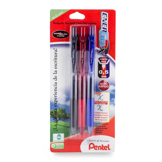 Plumas de Gel Retráctiles Pentel Energel X / Punto fino / Tinta negra roja azul / 3 piezas