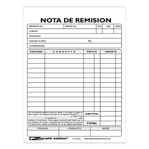 NOTA DE REMISION GRAFIX (1/4 CARTA, 4 PZS.) NOTA DE REMISION GRAFIX (1/4 CARTA, 4 PZS.)