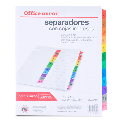 SEPARADORES OFFICE DEPOT (COLORES NUMERO, 12 PZS.) | Office Depot Mexico