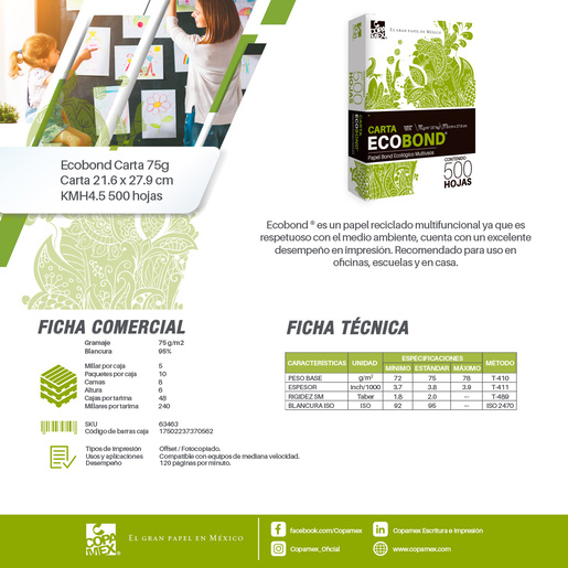 Papel Bond Ecológico Carta Copamex Eco Bond / Paquete 500 hojas blancas