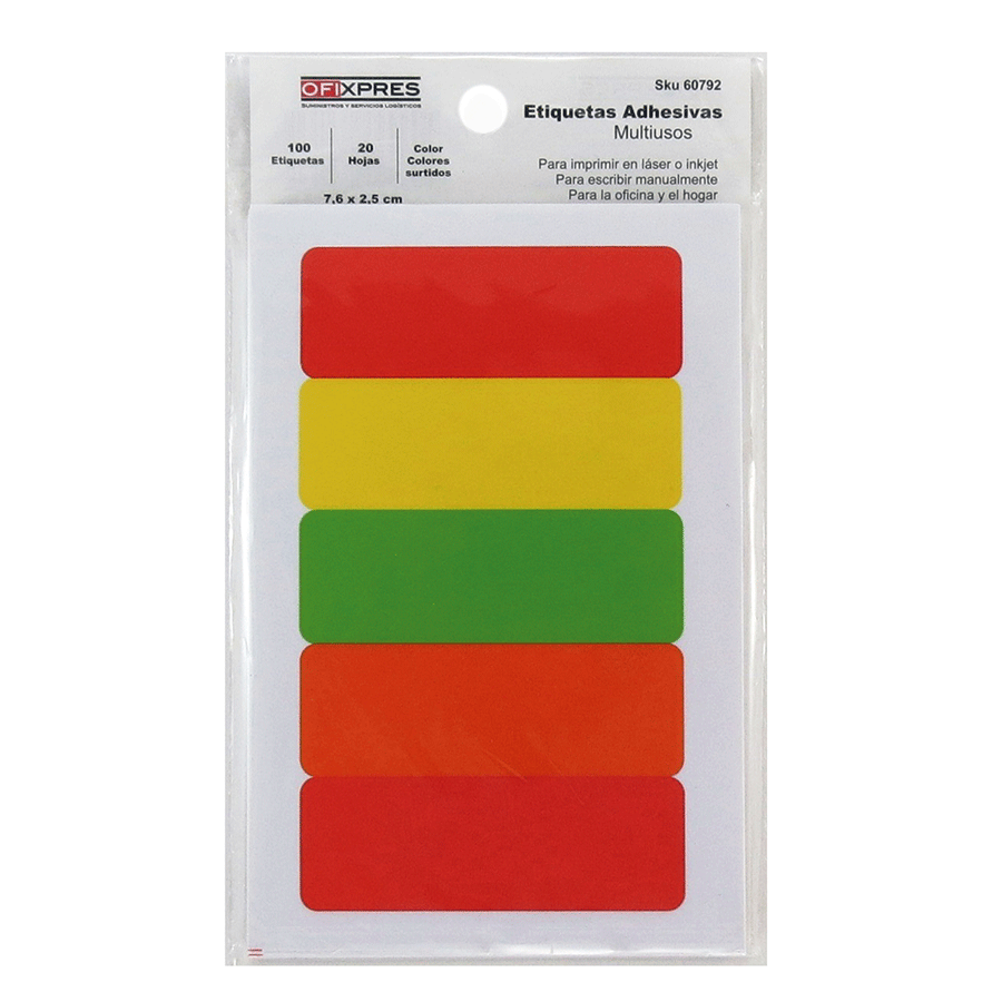 Etiquetas Adhesivas Rectangulares Office Depot 20539 / 7.6 x 2.5 cm / 20 hojas / Colores surtidos 