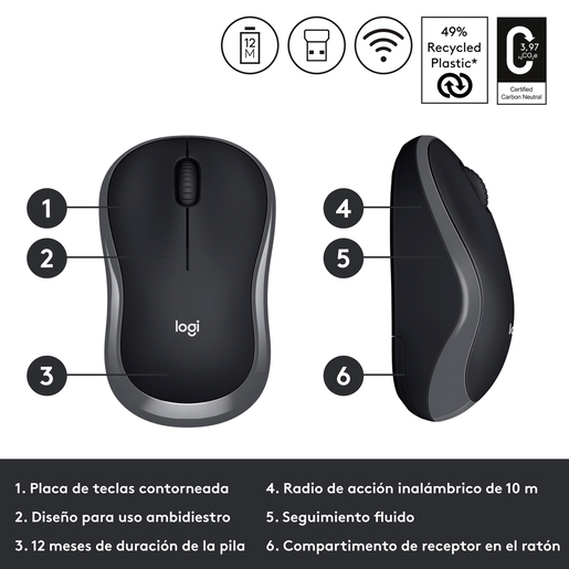 Mouse Inalámbrico Logitech M185 / Nano receptor USB / Negro / PC / Laptop / Mac
