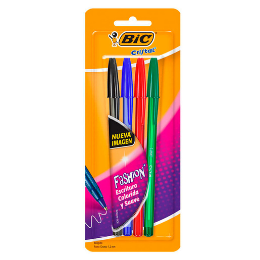 Plumas Bic Cristal Desliza Más / Punto grueso / Tinta negra roja azul verde / 4 piezas
