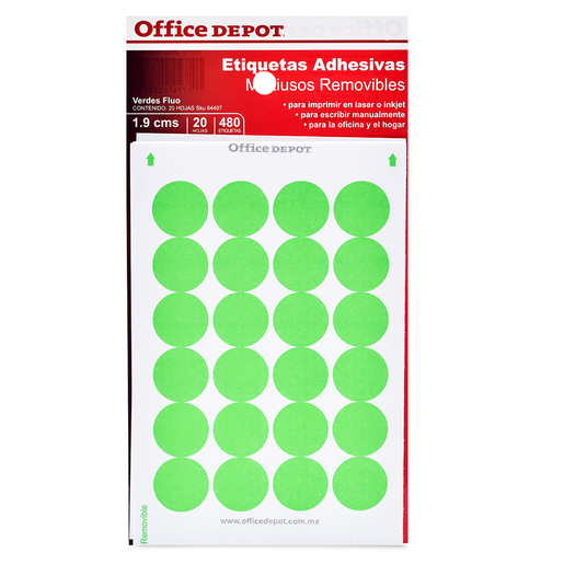 Etiquetas Adhesivas Circulares Office Depot R19VD / 1.9 cm / 20 hojas / Verde 