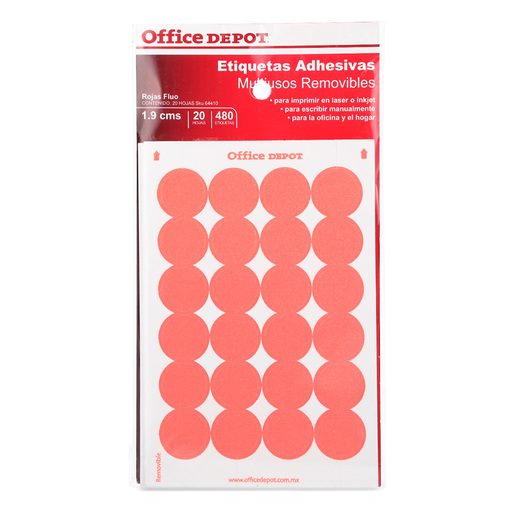 Etiquetas Adhesivas Circulares Office Depot / 1.9 cm / Rojo fluorescente/ 480 etiquetas
