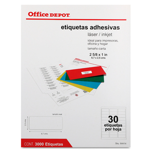 Etiquetas Adhesivas para Impresión Office Depot / 2.5 x 6.7 cm / Blanco / 3000 etiquetas Etiquetas Adhesivas para Impresión Office Depot / 2.5 x 6.7 cm / Blanco / 3000 etiquetas