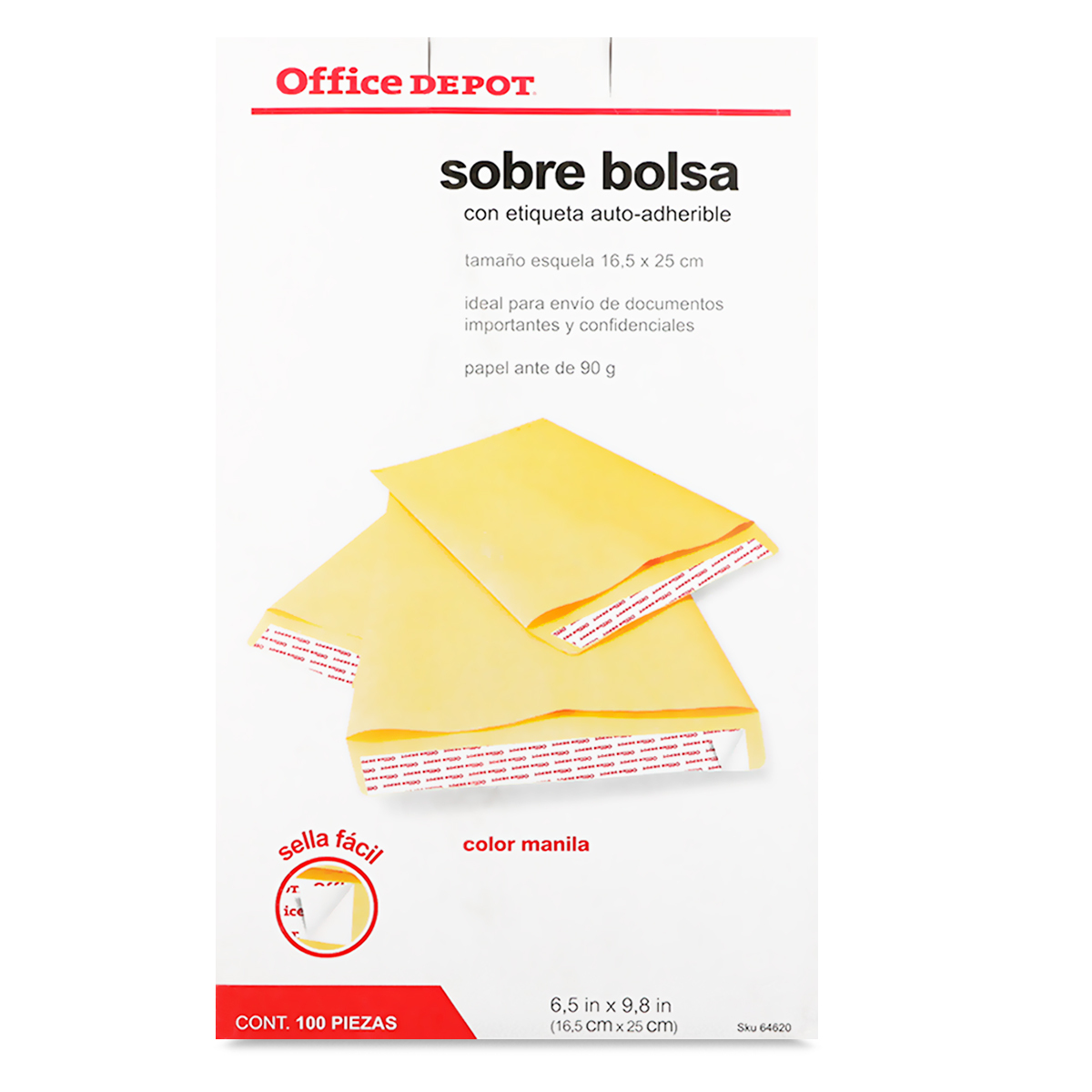 Sobres de Papel con Etiqueta Auto adherible Esquela Office Depot / Manila / 100 Piezas