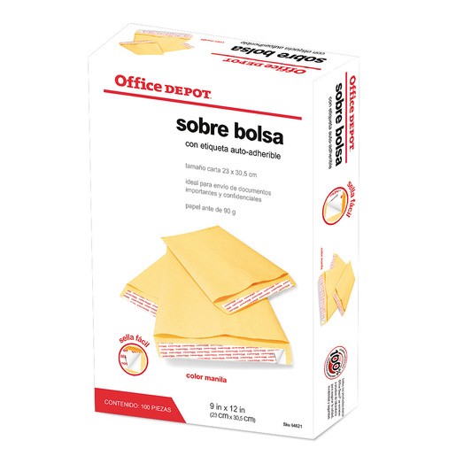 Sobres de Papel con Etiqueta Autoadherible Carta Office Depot Manila 100  Piezas | Office Depot Mexico