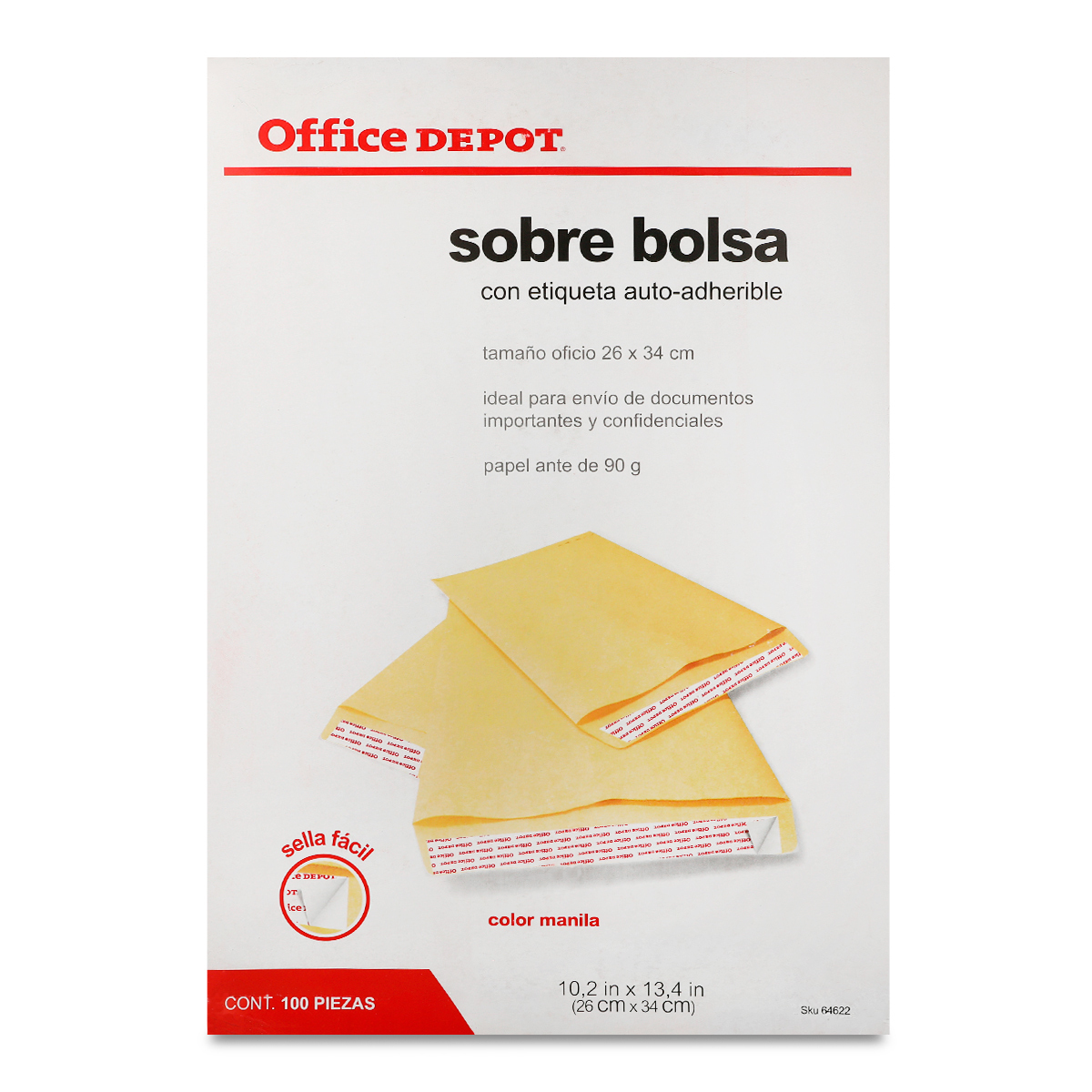 Sobres de Papel con Etiqueta Autoadherible Oficio Office Depot Manila 100  Piezas | Office Depot Mexico