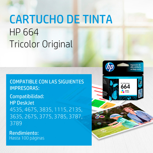 Cartucho de Tinta Hp 664 / F6V28AL / Tricolor / 100 páginas / Deskjet Ink Advantage