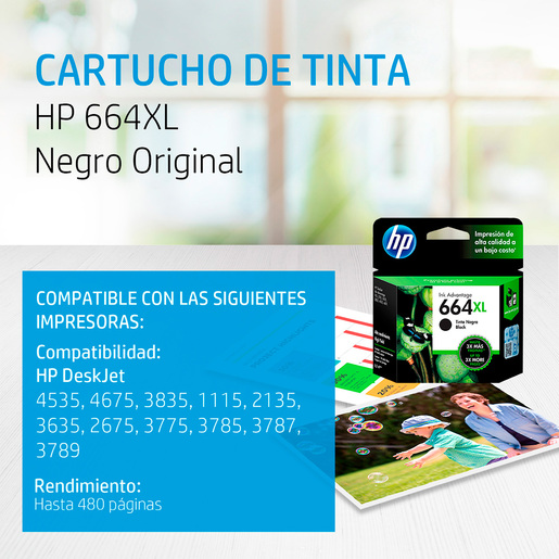 Cartucho de Tinta Hp 664 XL / F6V31AL / Negro / 480 páginas / DeskJet