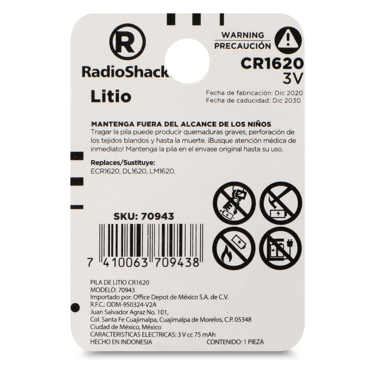 Pila de Botón Litio CR 1620 RadioShack Paquete 1 pieza | Office Depot Mexico