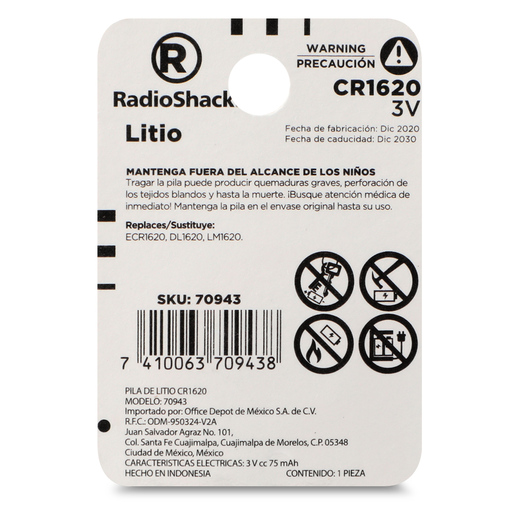 Pila de Botón Litio CR 1620 RadioShack / Paquete 1 pieza