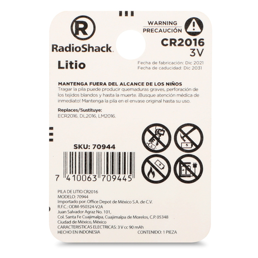 Pila Botón de Litio CR2016 RadioShack / 1 pieza 