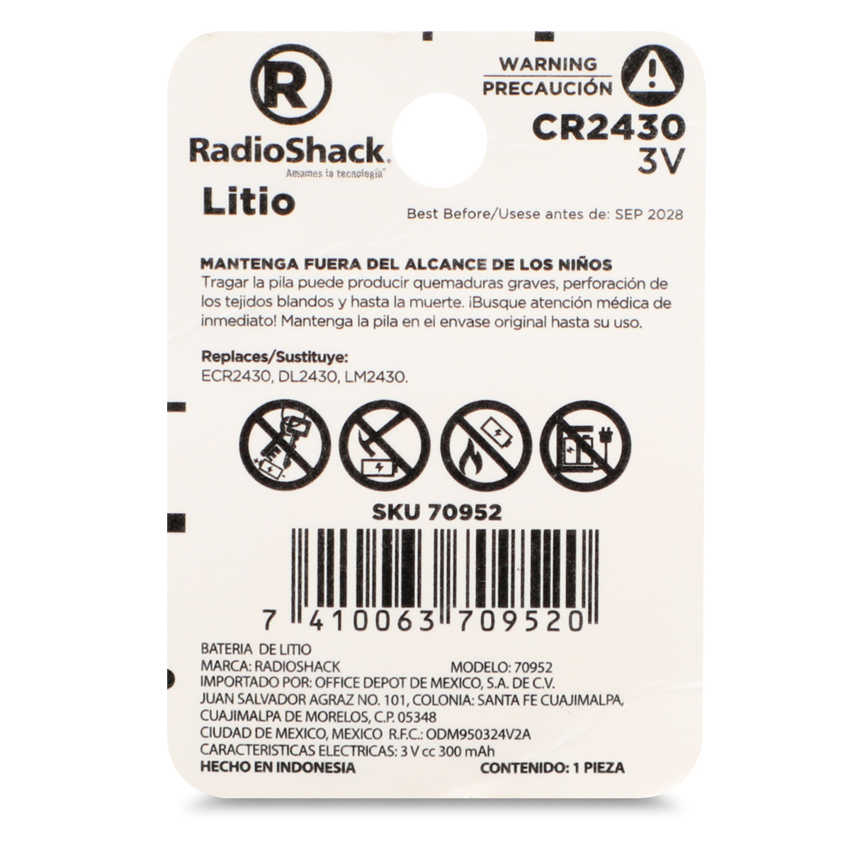 Pila de Botón Litio CR 2430 RadioShack Paquete 1 pieza | Office Depot Mexico