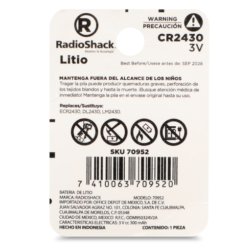 Pila de Botón Litio CR 2430 RadioShack / Paquete 1 pieza