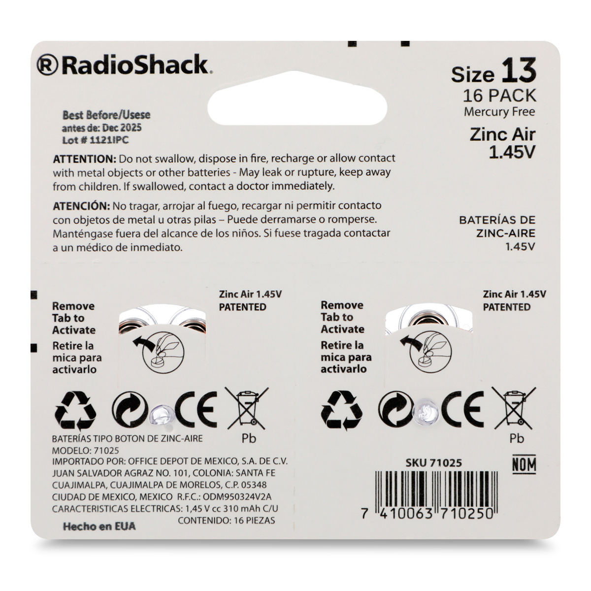 Batería Auditiva RadioShack 13 Paquete 16 piezas | Office Depot Mexico
