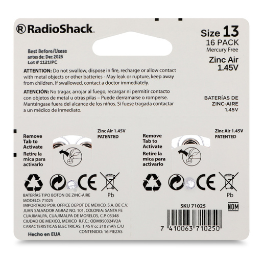 Batería Auditiva RadioShack 13 / Paquete 16 piezas