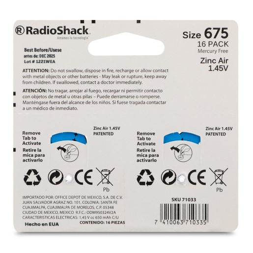 Batería Auditiva RadioShack 675 / Paquete 16 piezas