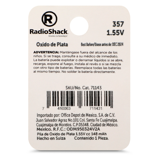 Pila de Botón 357 RadioShack / Paquete 1 pieza