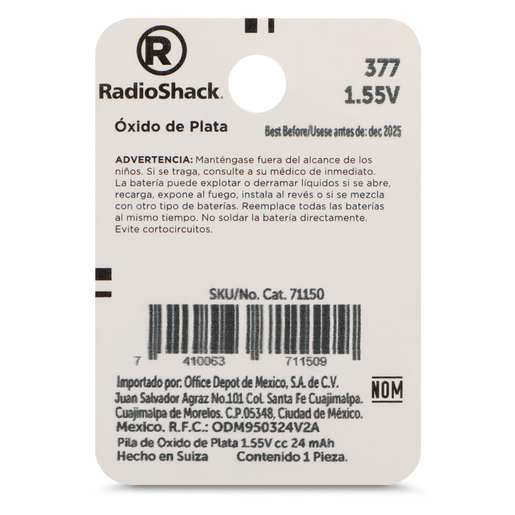 Pila de Botón Alcalina 377 RadioShack / Paquete 1 pieza