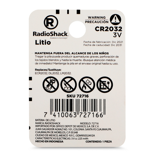 Pila de Litio Botón CR 2032 RadioShack / 1 pieza 