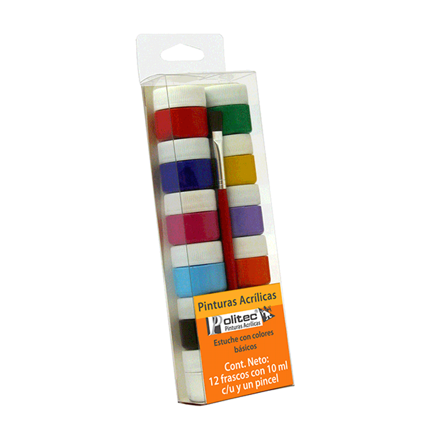 Juego de Pinturas Acrílicas Politec Colores surtidos 12 piezas más pincel  10 ml | Office Depot Mexico