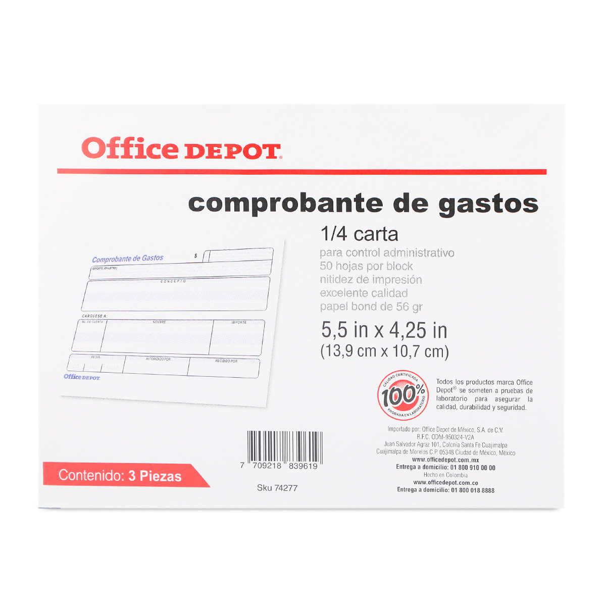 Modelo De Recibo De Entrega De Dinero En Efectivo Block de Comprobante de Gastos Office Depot Blanco 13.9 x 10.7 cm 3 piezas  | Office Depot Mexico