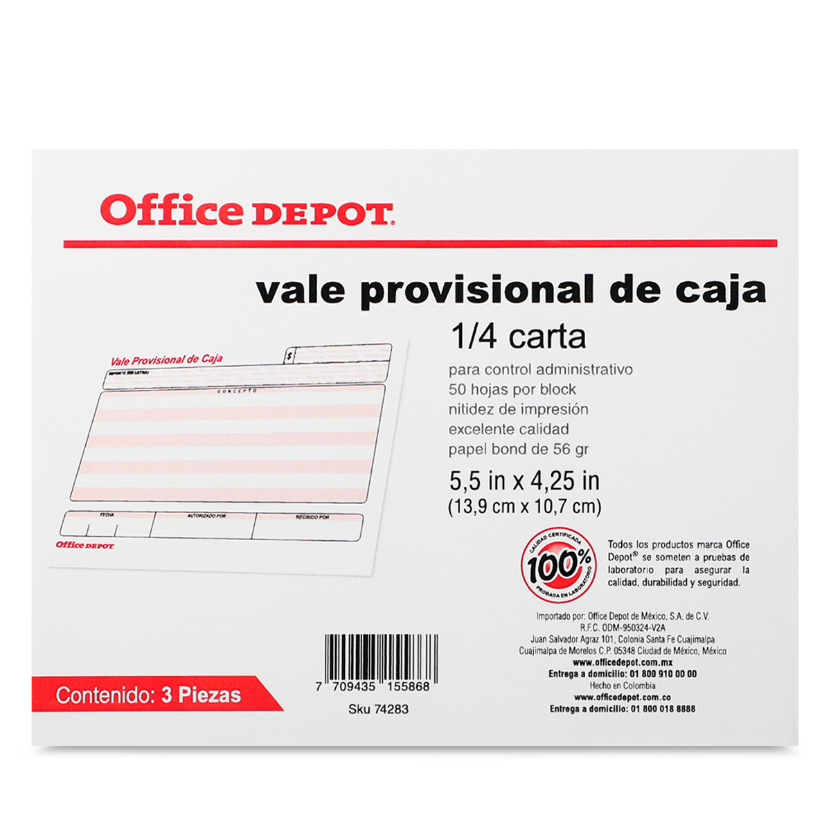 VALE PROVISIONAL OFFICE DEPOT (1/4 CARTA, 3 PZS.)