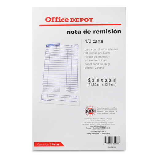 NOTA DE REMISION OFFICE DEPOT (1/2 CARTA, 3 PZS.)