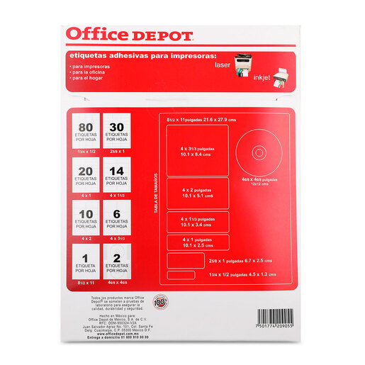Etiquetas Adhesivas para Impresión Office Depot / 21.6 x 27.9 cm / Blanco / 100 etiquetas