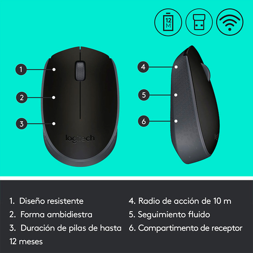 Mouse Inalámbrico Logitech M170 / Nano receptor USB / Gris con negro / PC / Laptop / Mac