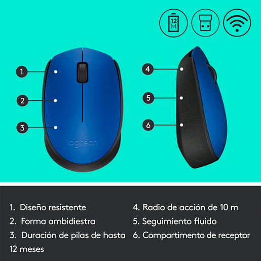 Mouse Inalámbrico Logitech M170 / Nano receptor USB / Azul con negro / PC / Laptop / Mac