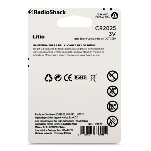 Pilas de Litio Botón CR 2025 RadioShack / Paquete 4 piezas