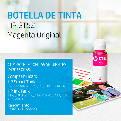 Botella de Tinta Hp GT52 / M0H55AL / Magenta / 8000 páginas / DeskJet