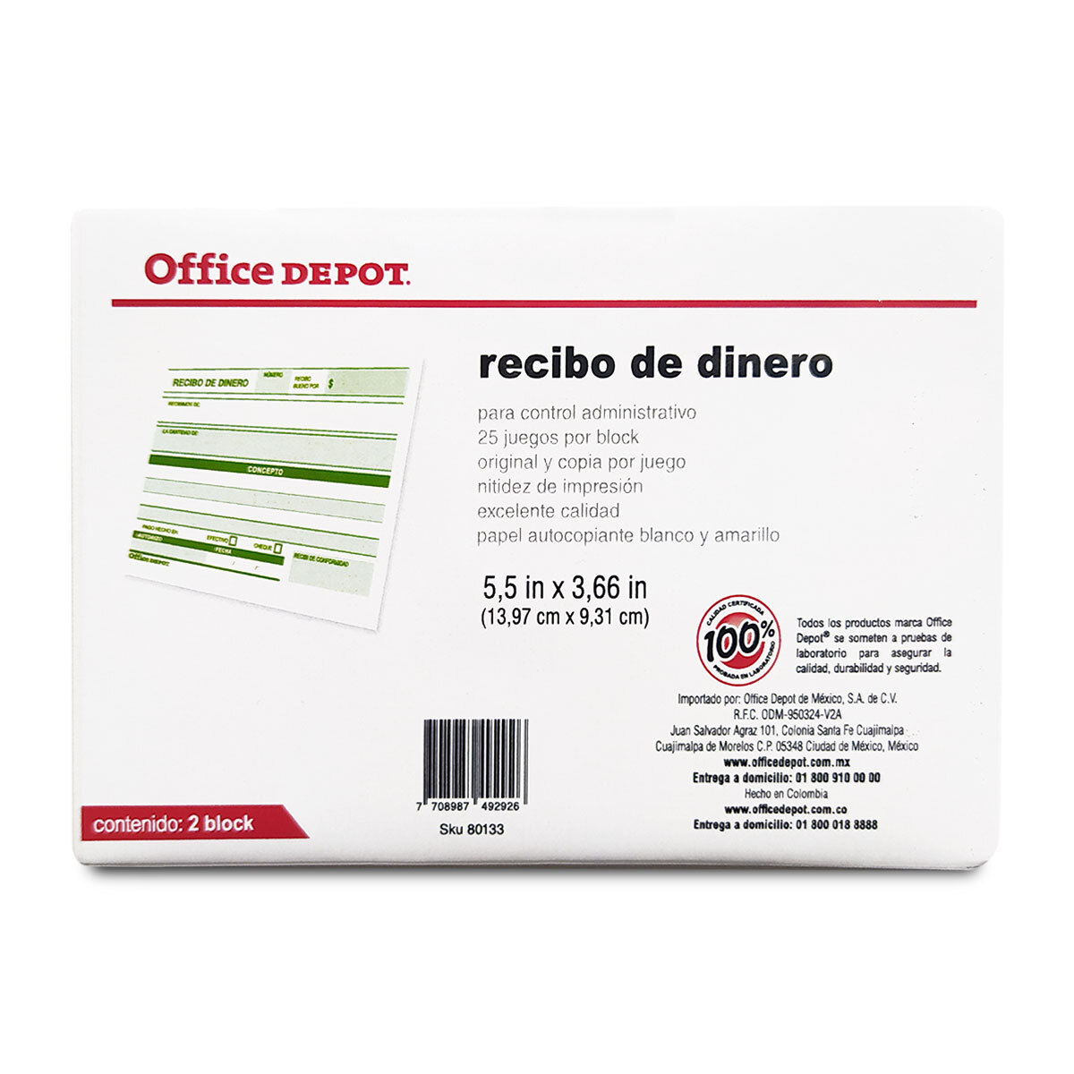 Recibo de Dinero Office Depot Autocopiante 2 blocks | Office Depot Mexico