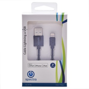 Cable Lightning a USB Spectra 12000026 / 0.91 metros / Negro / iPhone / iPod / iPad Cable Lightning a USB Spectra 12000026 / 0.91 metros / Negro / iPhone / iPod / iPad