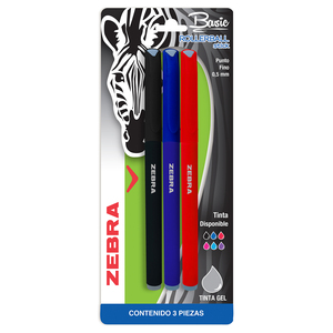Plumas de Gel Zebra Basic RollerBall / Punto fino / Tinta negra roja azul / 3 piezas