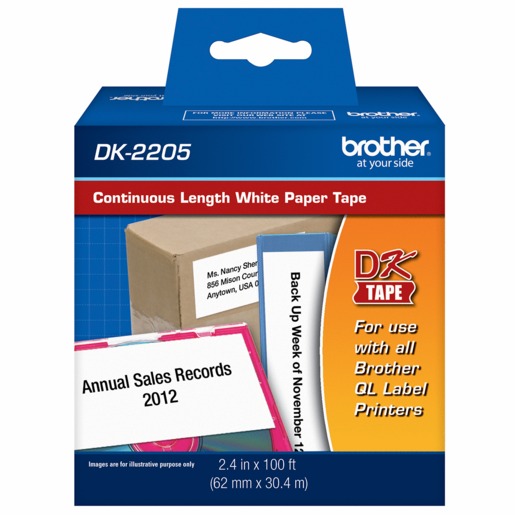 ✓ Brother Rouleau de papier continu DK-22205 Noir sur blanc, 62 mm de large  couleur Noir/blanc en stock - 123CONSOMMABLES