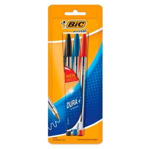 Plumas Bic Cristal Dura Más / Punto mediano / Tinta negra roja azul / 3 piezas