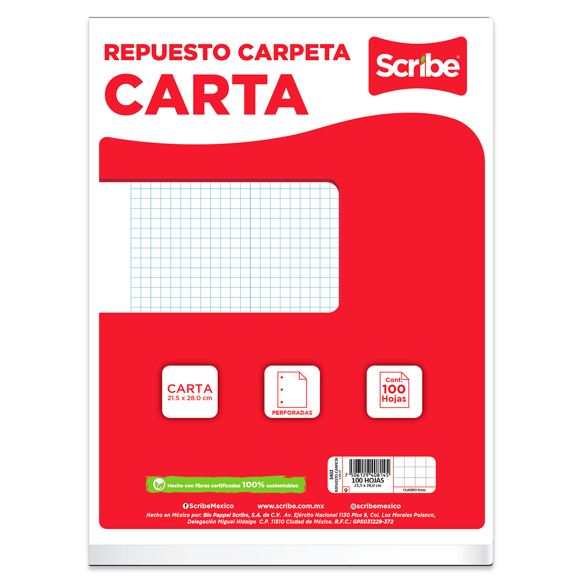 Hojas para Carpeta Scribe Cuadro Chico Carta 100 hojas