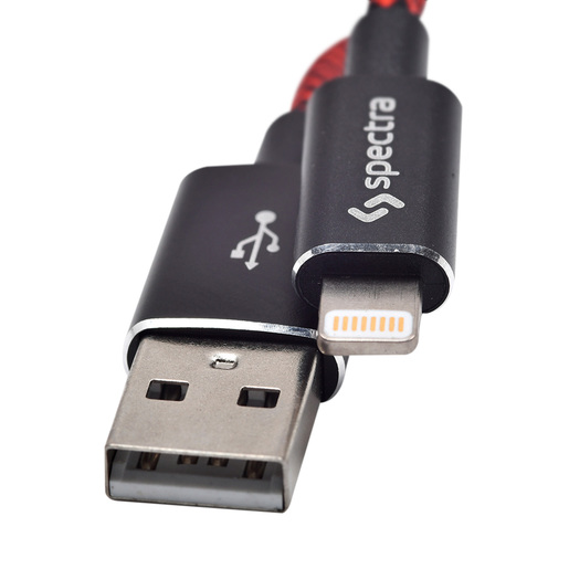 Cable Lightning a USB Spectra IK40306G / 0.91 metros / Negro con rojo / iPod / iPhone / iPad / MFI